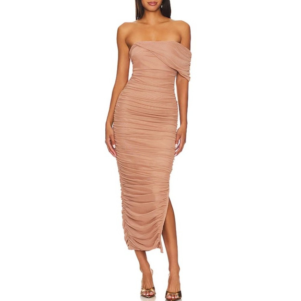 Elliatt Tan Ruched One Shoulder Mesh Miley Midi Dress Small